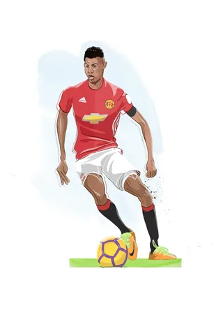 Manchester United soccer player in red jersey with ball by Matt Hollings In Colour