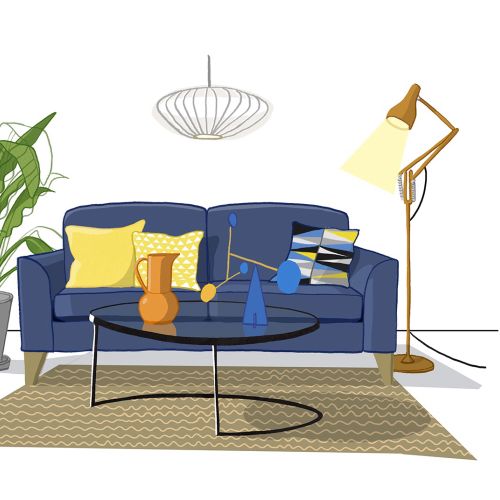 Blue sofa with cushions, coffee table, floor lamp, and indoor plants