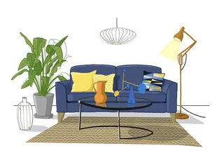 Blue sofa with cushions, coffee table, floor lamp, and indoor plants