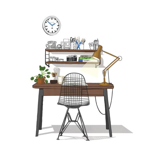 Minimalist desk setup with chair, lamp, plant, shelves, and clock