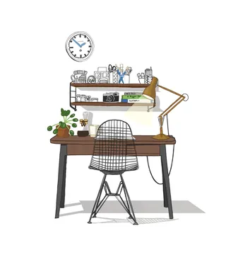 Minimalist desk setup with chair, lamp, plant, shelves, and clock