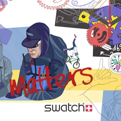 Snowboarders with mountain and time-themed graphics in vibrant colors