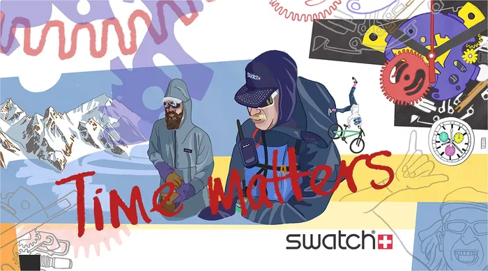 Snowboarders with mountain and time-themed graphics in vibrant colors