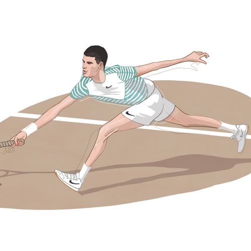 Male tennis player stretching to hit a forehand shot