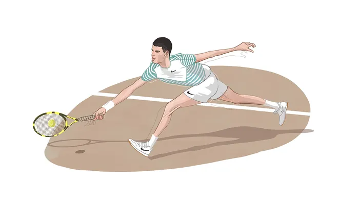 Male tennis player stretching to hit a forehand shot