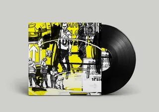 Vinyl record with urban street art album cover in yellow, black, and white