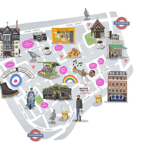 Colorful illustrated map with London landmarks and streets