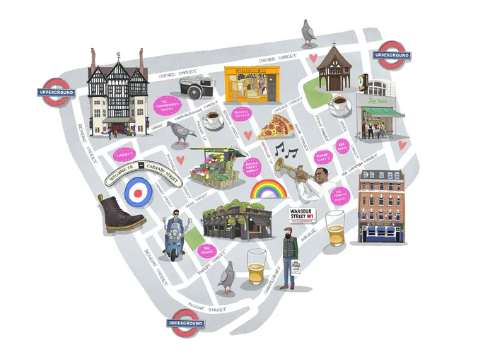 Colorful illustrated map with London landmarks and streets