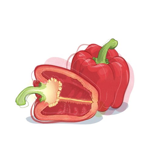 Whole and halved red bell pepper with seeds visible