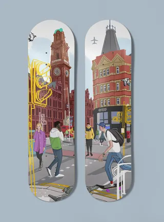 People walking and skateboarding near historic city buildings in urban setting.