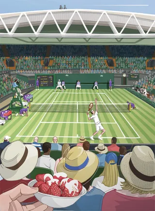 Tennis players competing on grass court with audience watching