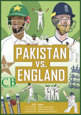 Pakistan vs England cricket match poster with players and cricket action