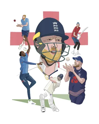 Cricket players of various roles with England flag backdrop illustration