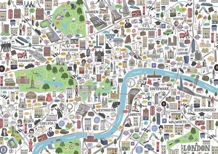 Colorful illustrated map of London with famous landmarks and districts
