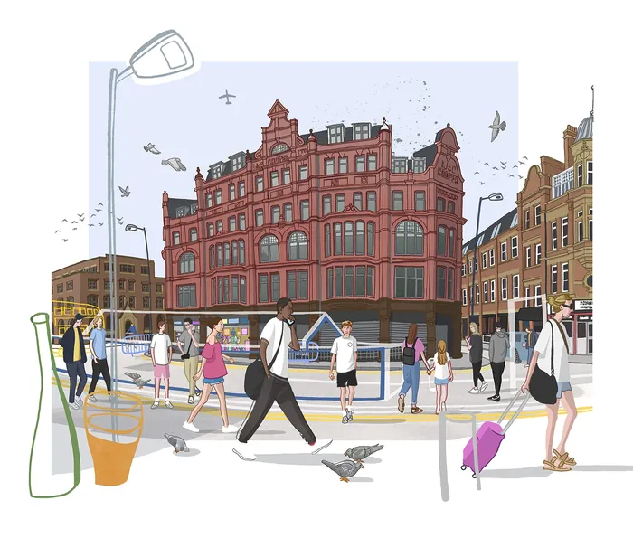 City square with pedestrians walking past a large red-brick historic building