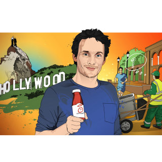 Homem de pessoas posando em frente ao símbolo de Hollywood