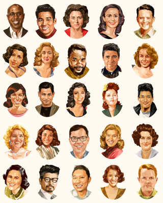 Retratos gráficos de rostros de celebridades.