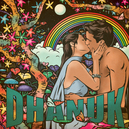 Graphic lettering DHANUK with couple kissing