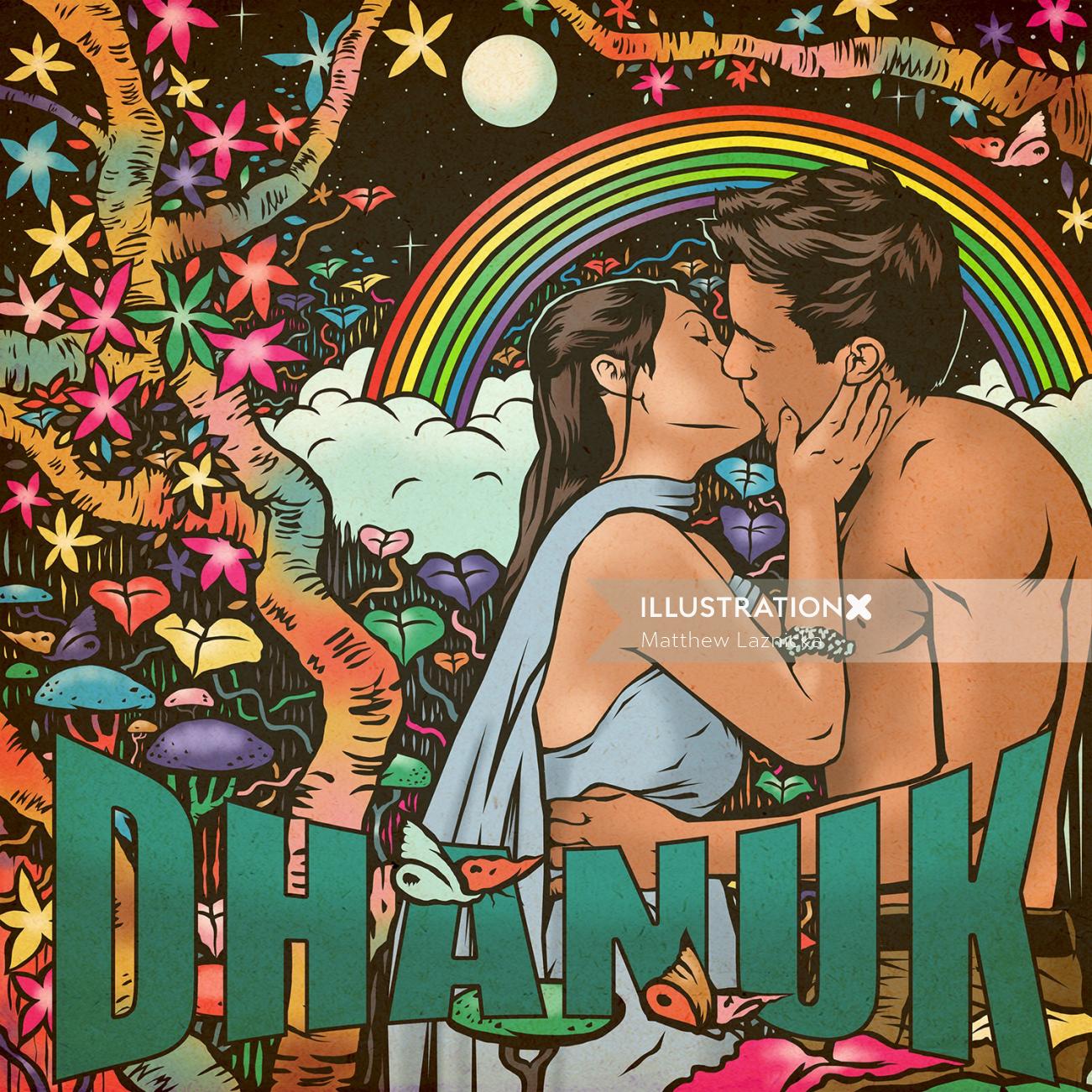Lettrage graphique DHANUK avec couple s&#39;embrassant