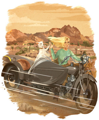 Gens Femme conduisant une moto avec un chien
