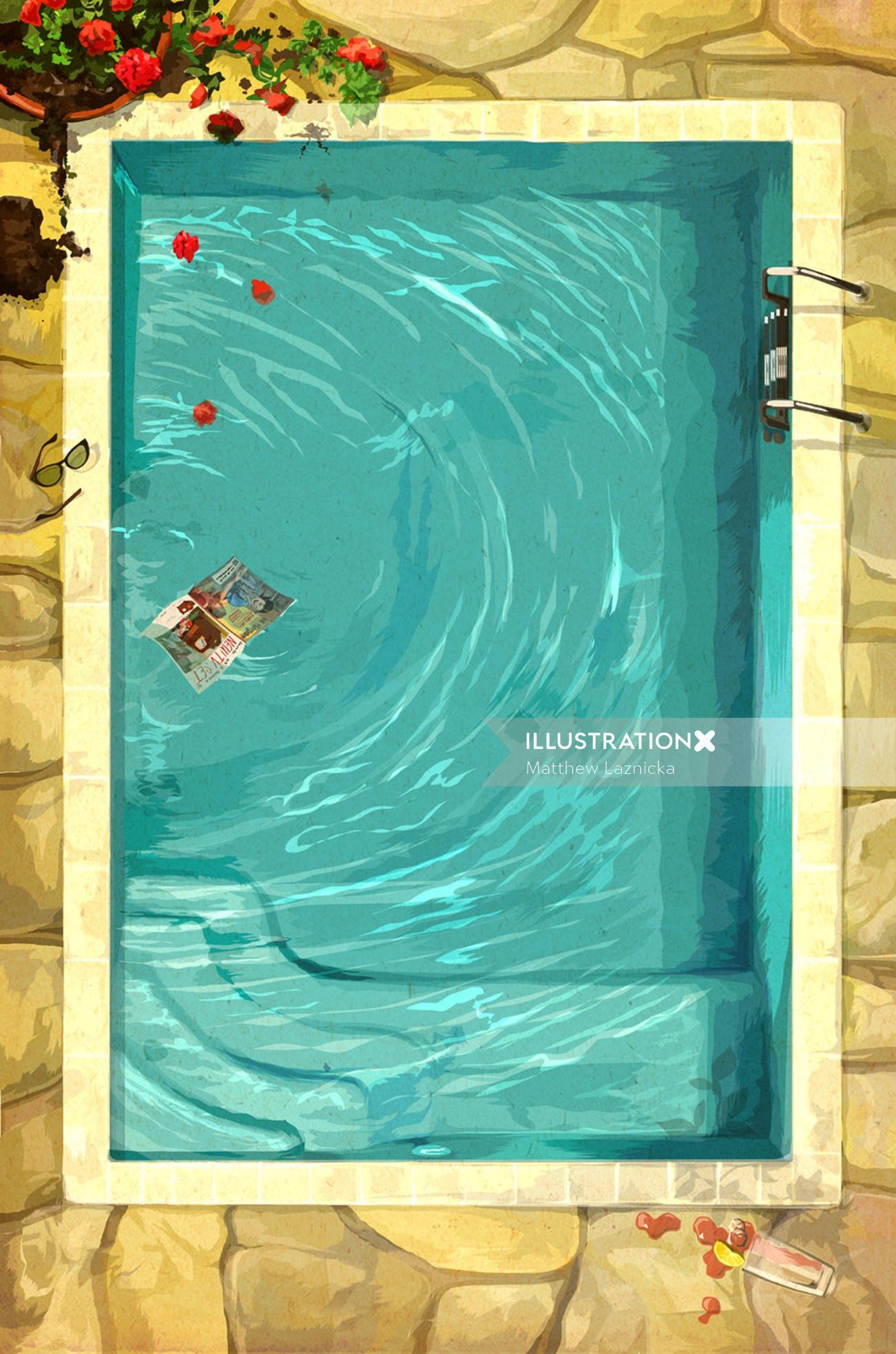 Graphic paper floating in swimming pool