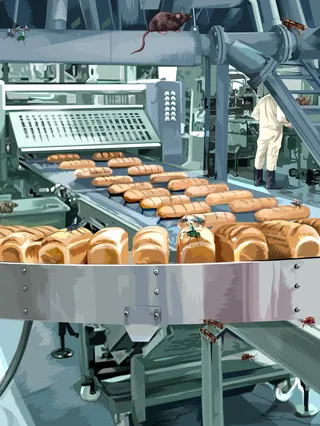 Bread loaves moving on conveyor belt in a bakery production line
