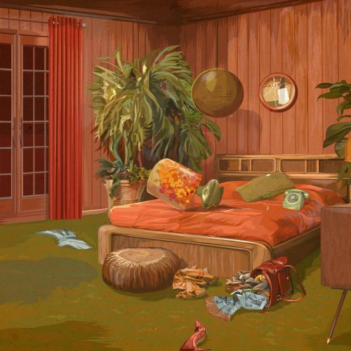 Cozy vintage bedroom with plants, red curtains, and retro furniture
