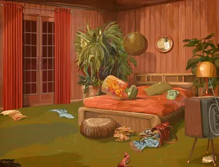 Cozy vintage bedroom with plants, red curtains, and retro furniture