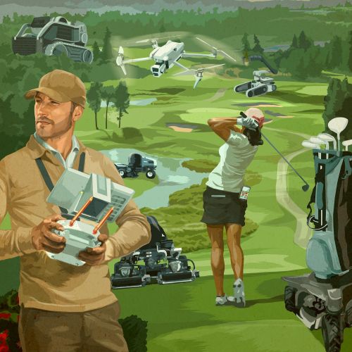 Golf course scene with golfer, drone operator, and equipment