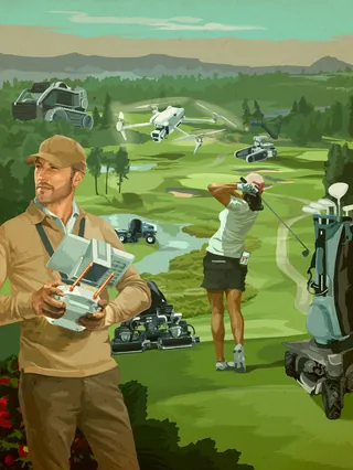 Golf course scene with golfer, drone operator, and equipment