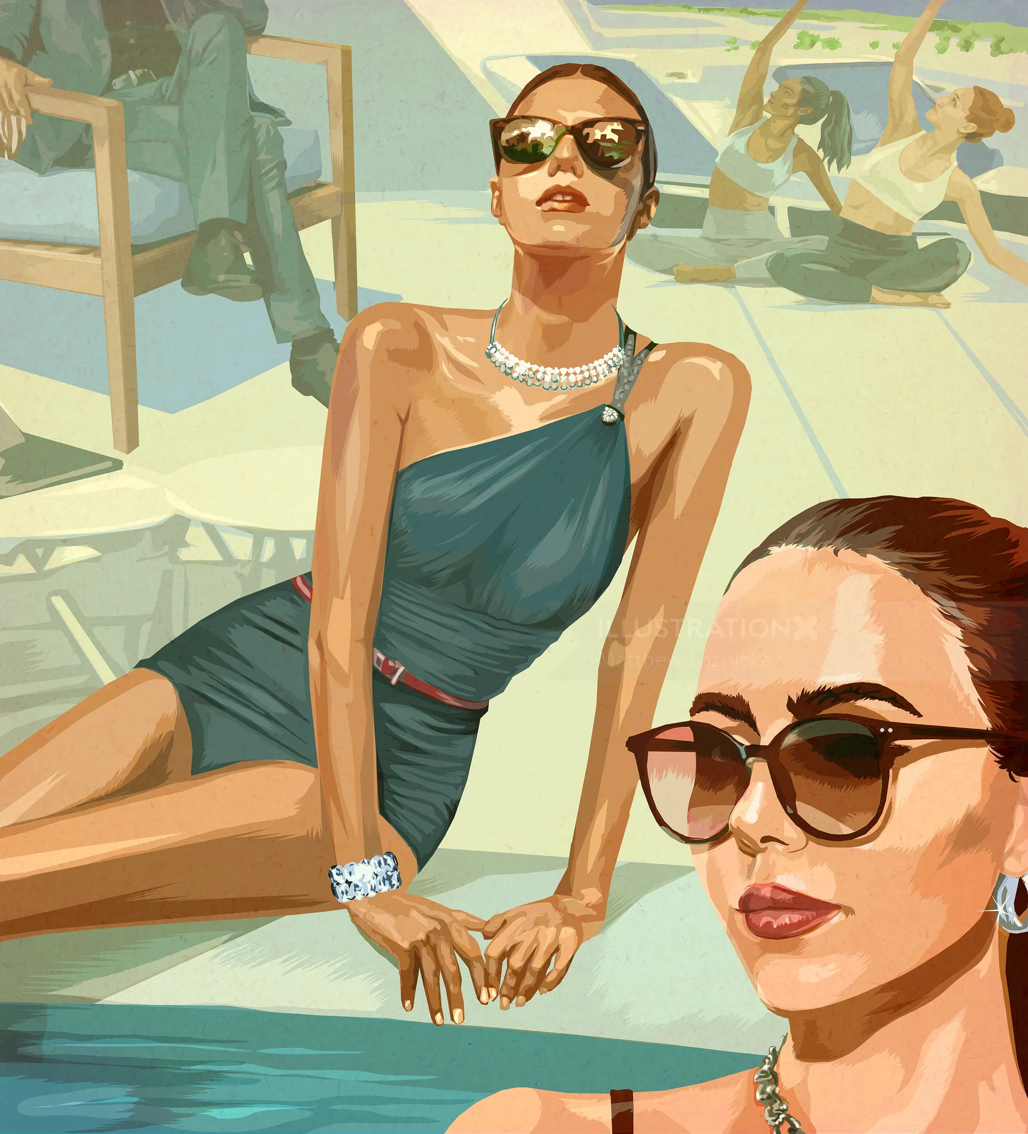 Two women in sunglasses lounging by a pool under sunlight