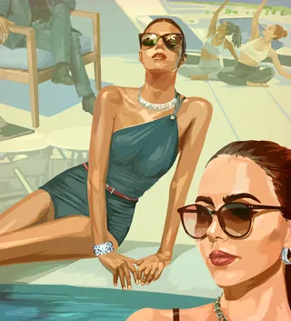 Two women in sunglasses lounging by a pool under sunlight