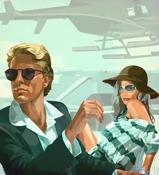Stylish man and woman in sunglasses near helicopters