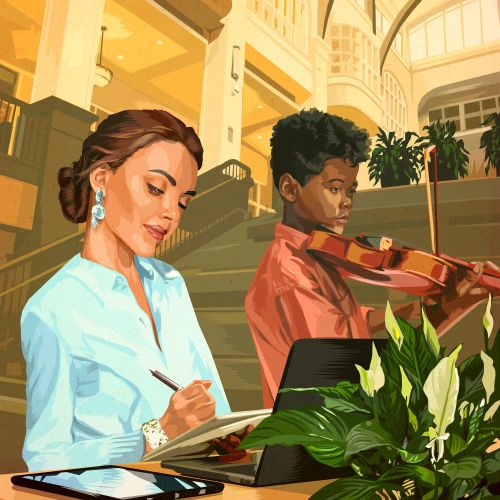 Woman writing notes and boy playing violin in grand educational building
