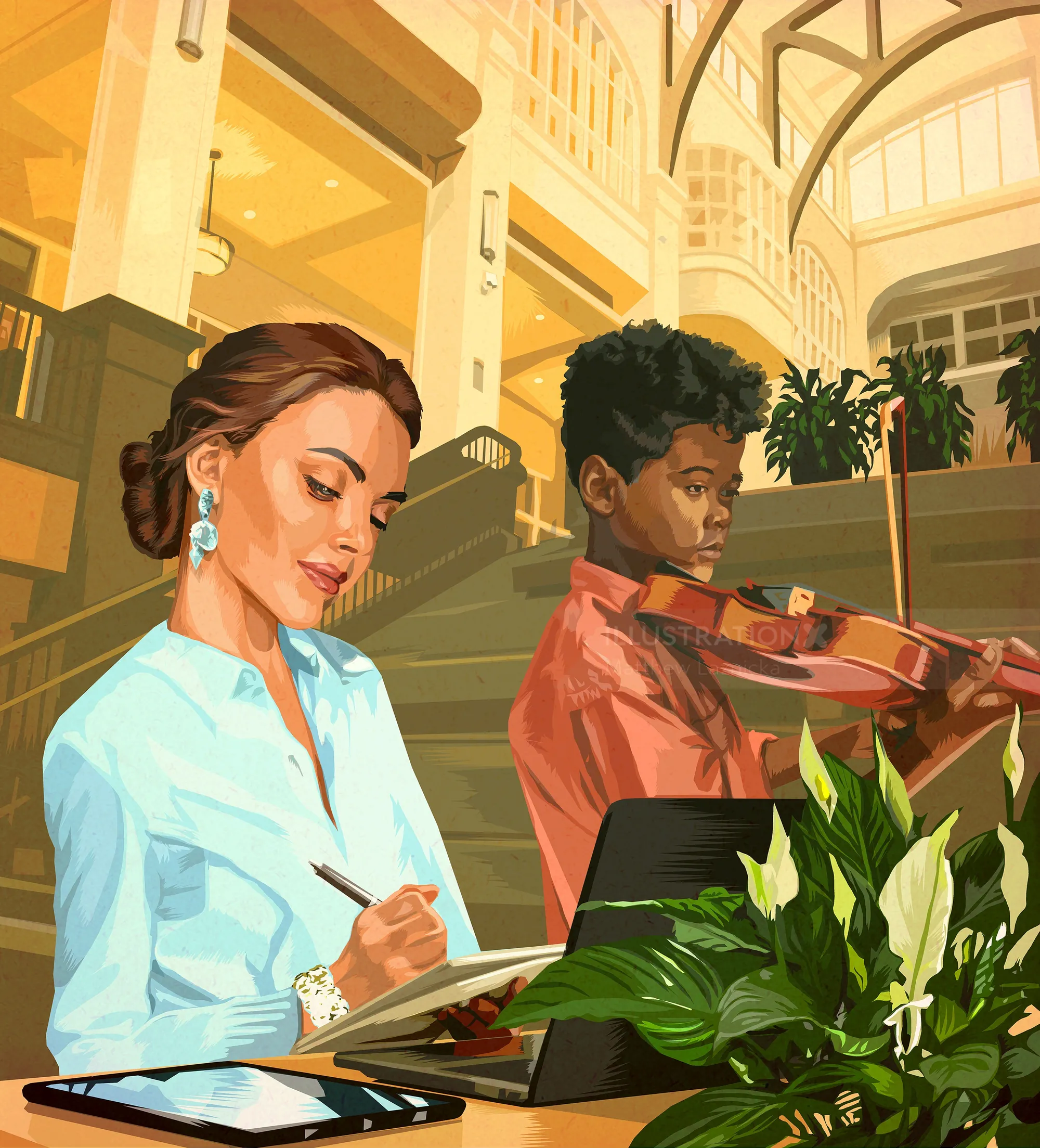 Woman writing notes and boy playing violin in grand educational building