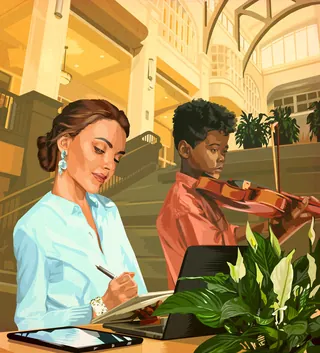 Woman writing notes and boy playing violin in grand educational building