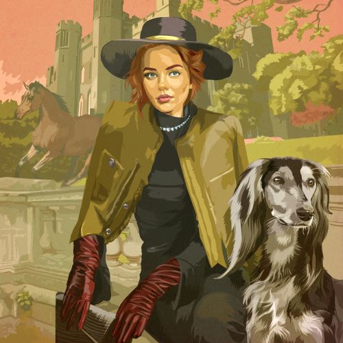 Woman in hat with dog near castle and horse sculpture