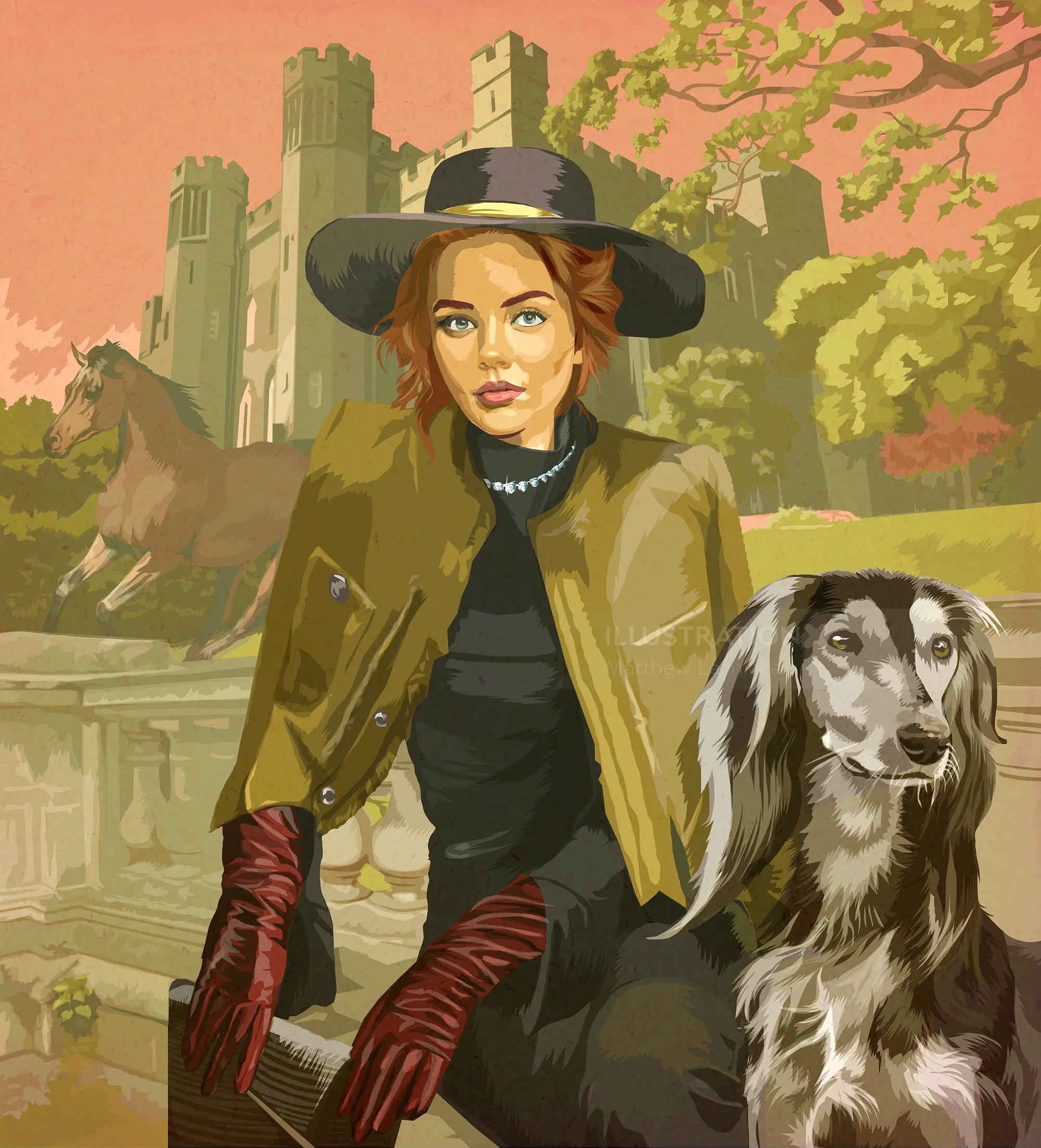 Woman in hat with dog near castle and horse sculpture