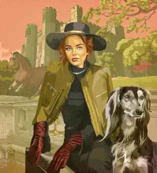 Woman in hat with dog near castle and horse sculpture