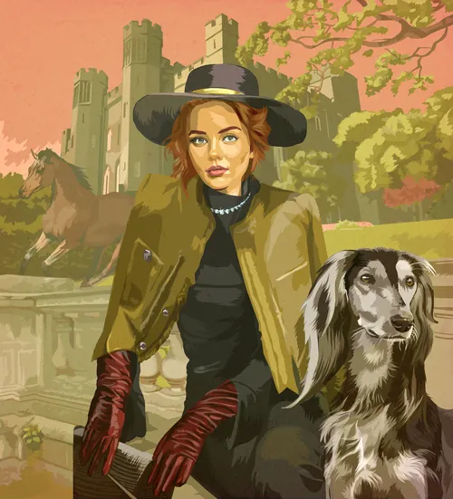 Woman in hat with dog near castle and horse sculpture