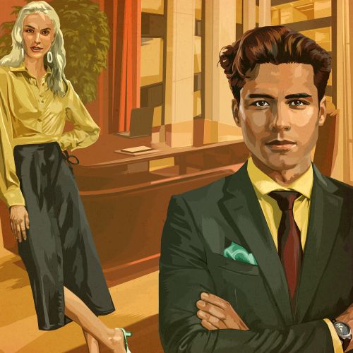 Confident man and woman dressed formally in an office setting