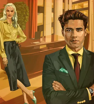 Confident man and woman dressed formally in an office setting