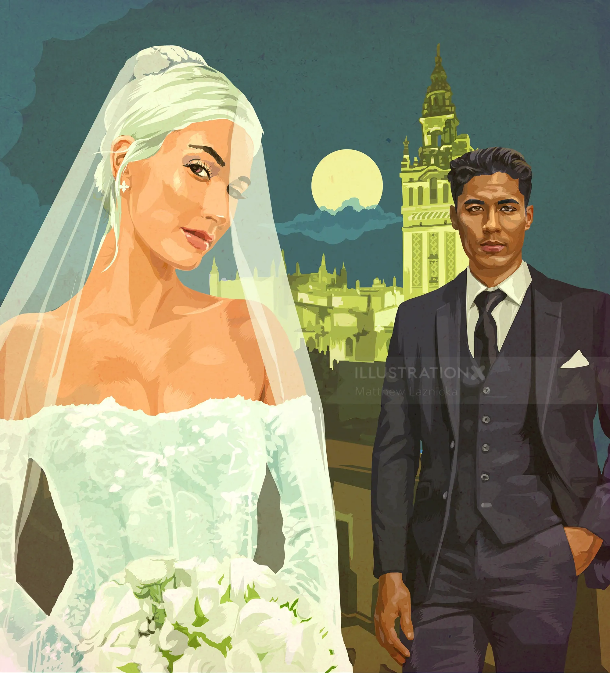 Bride in white dress and groom in dark suit with cityscape at night