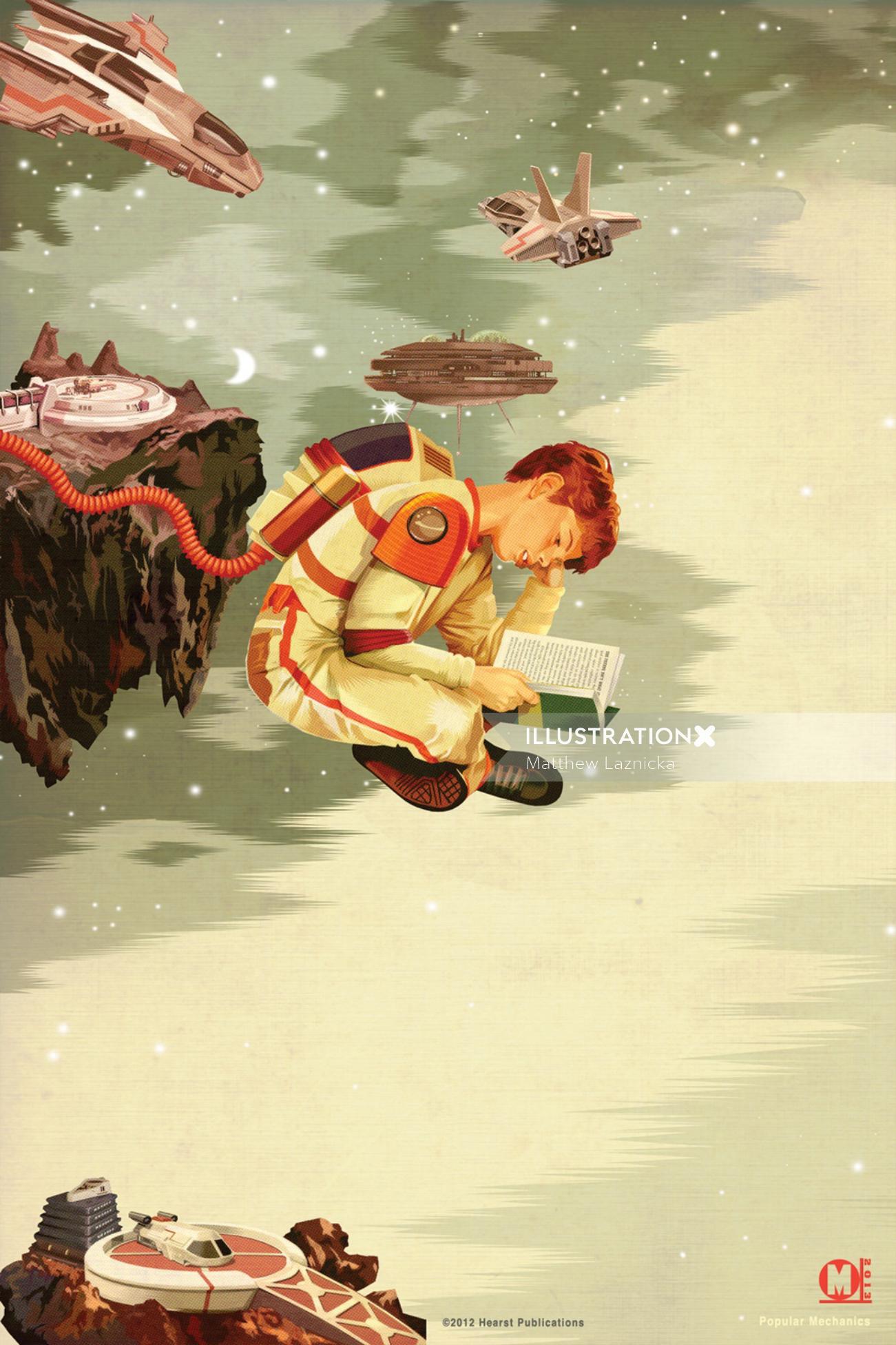 Illustration of a boy reading book