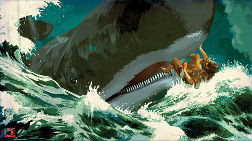 Ilustração de peixe e senhora tubarão