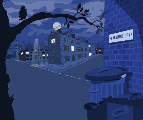 street scene at night illustrated by Matthew Robson