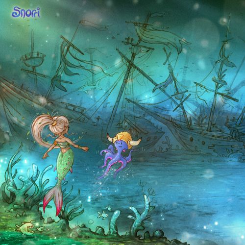 Children book mermaids at sinken ship
