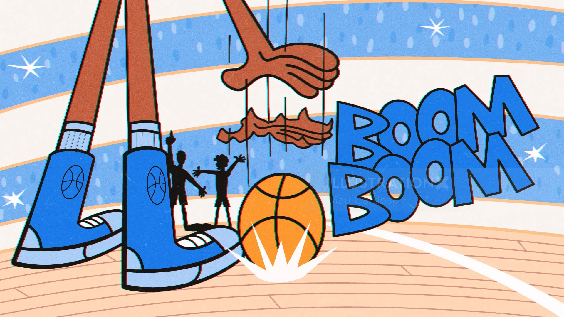 Jugador de baloncesto de dibujos animados a punto de lanzar la pelota con el texto BOOM BOOM.