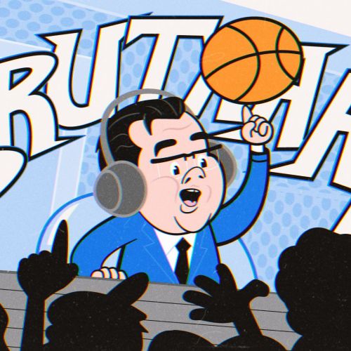 Cartoon man wearing headset spinning basketball with crowd and brutal text.