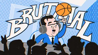 Cartoon man wearing headset spinning basketball with crowd and brutal text.